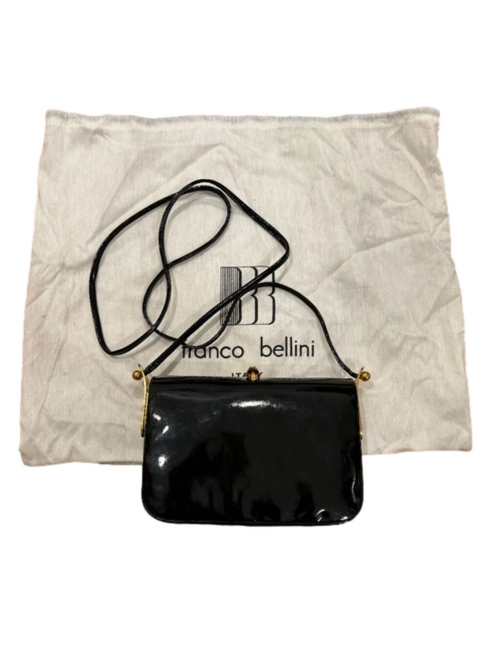 VINTAGE BLACK PATENT LEATHER FRANCO BELLINI MINI BAG W BRASS SNAP MADE IN ITALY